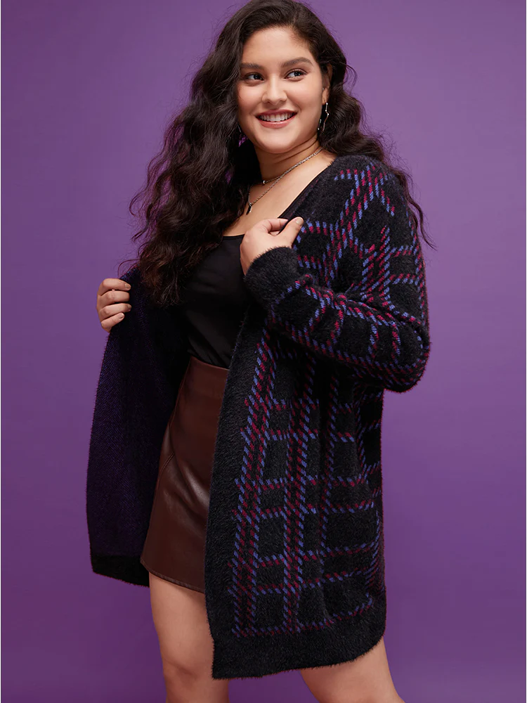 Plaid Contrast Soft Sexy Yarn Knit Fluffy Open Front Cardigan - Image 8