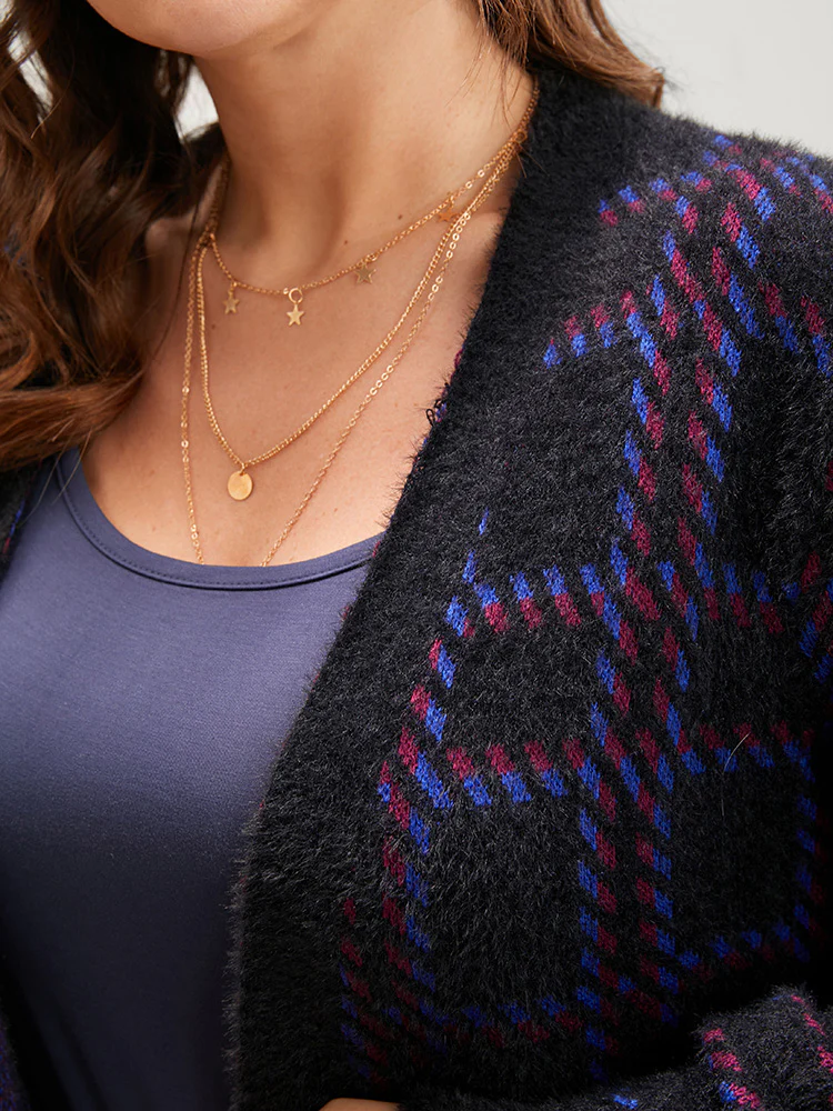 Plaid Contrast Soft Sexy Yarn Knit Fluffy Open Front Cardigan - Image 9