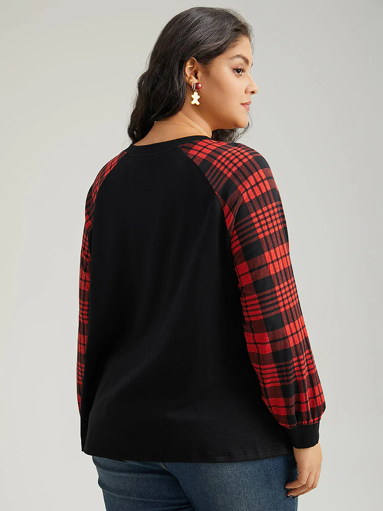 Plaid Contrast Stitch Raglan Sleeve T-shirt - Image 2