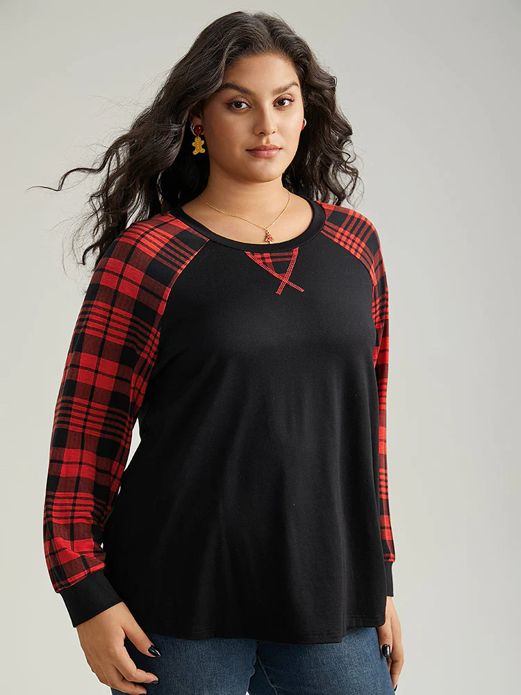 Plaid Contrast Stitch Raglan Sleeve T-shirt - Image 3