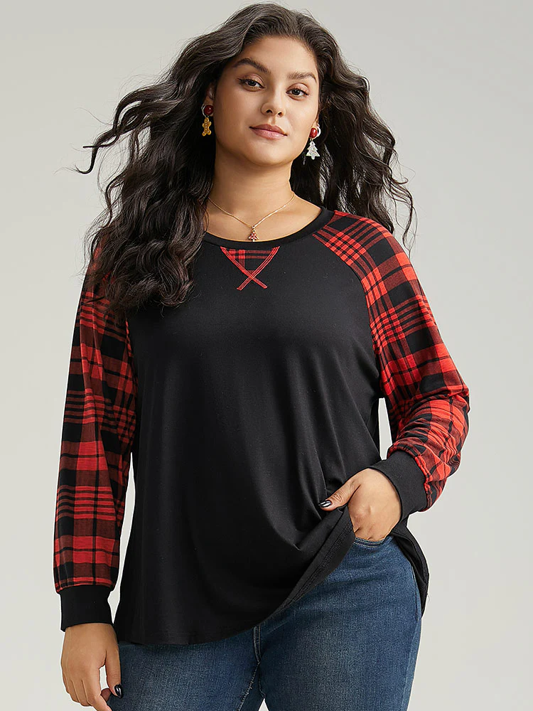 Plaid Contrast Stitch Raglan Sleeve T-shirt - Image 4