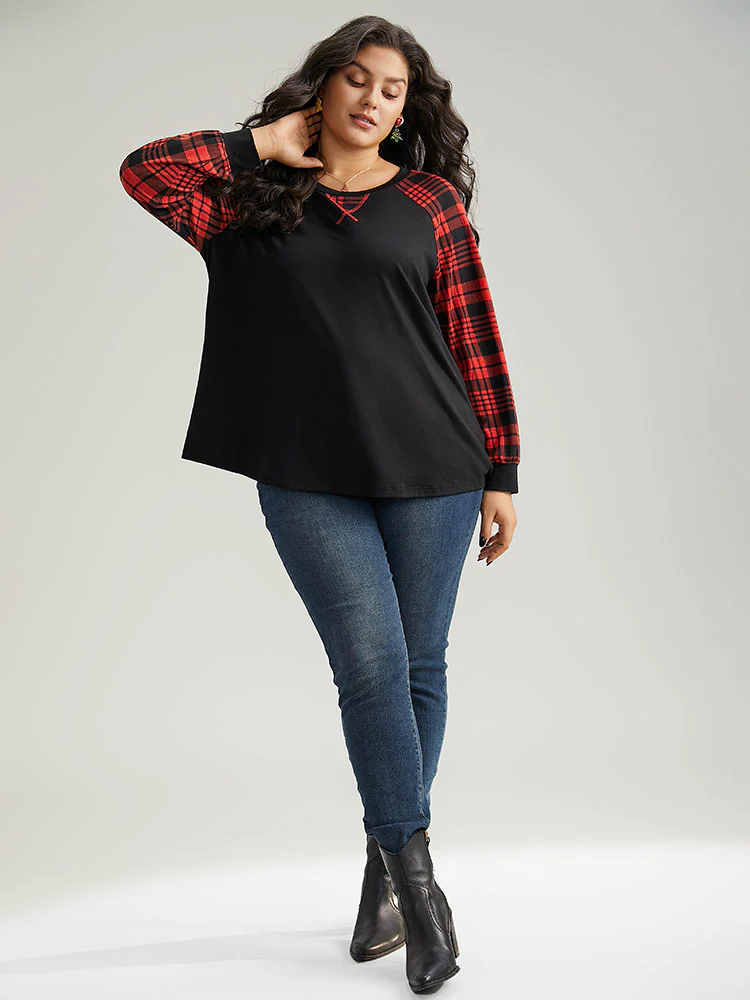 Plaid Contrast Stitch Raglan Sleeve T-shirt - Image 5