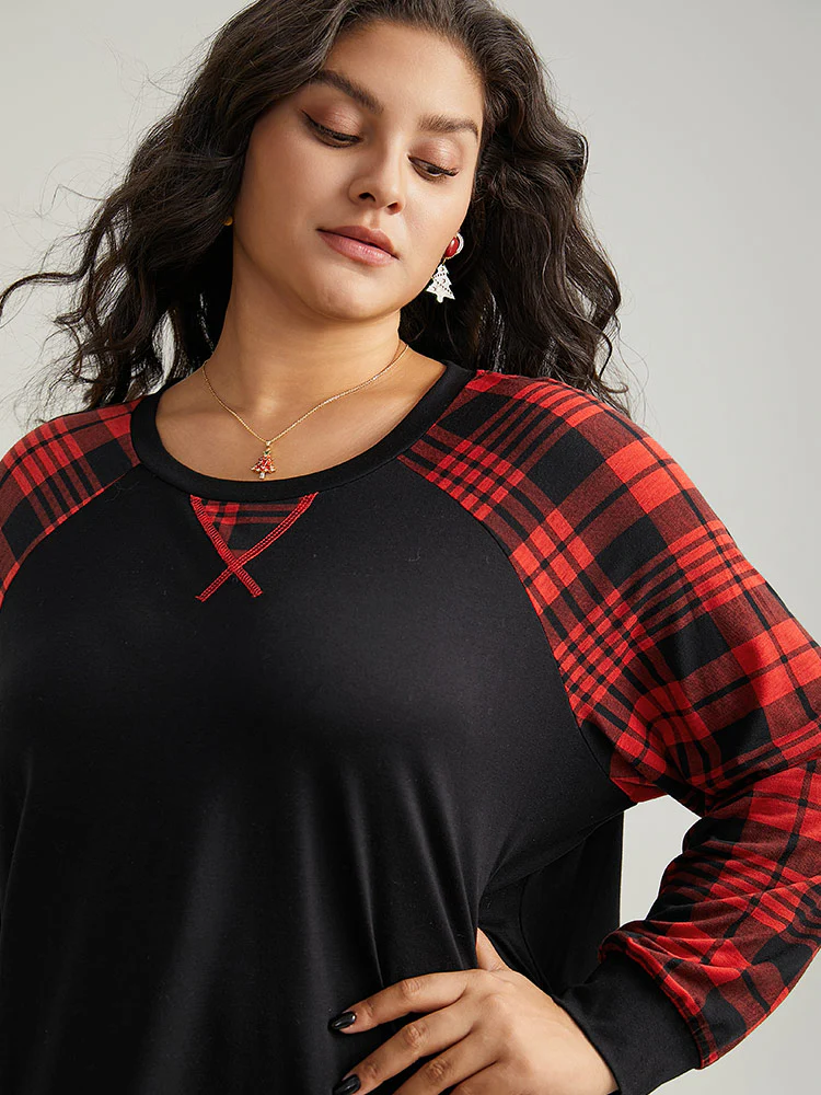 Plaid Contrast Stitch Raglan Sleeve T-shirt - Image 6