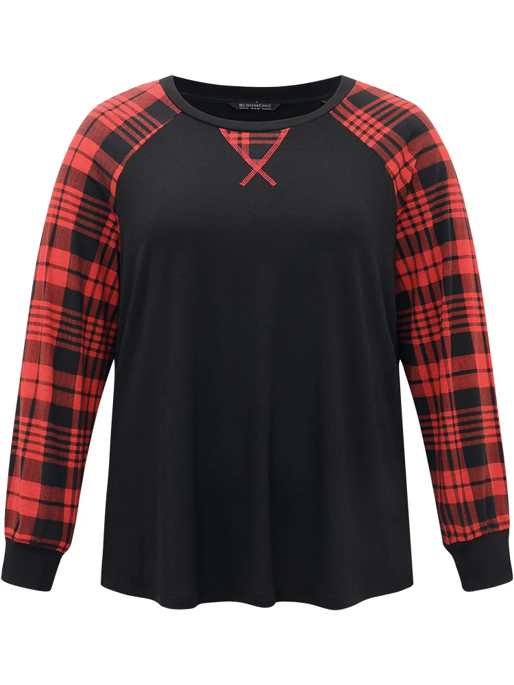 Plaid Contrast Stitch Raglan Sleeve T-shirt - Image 7