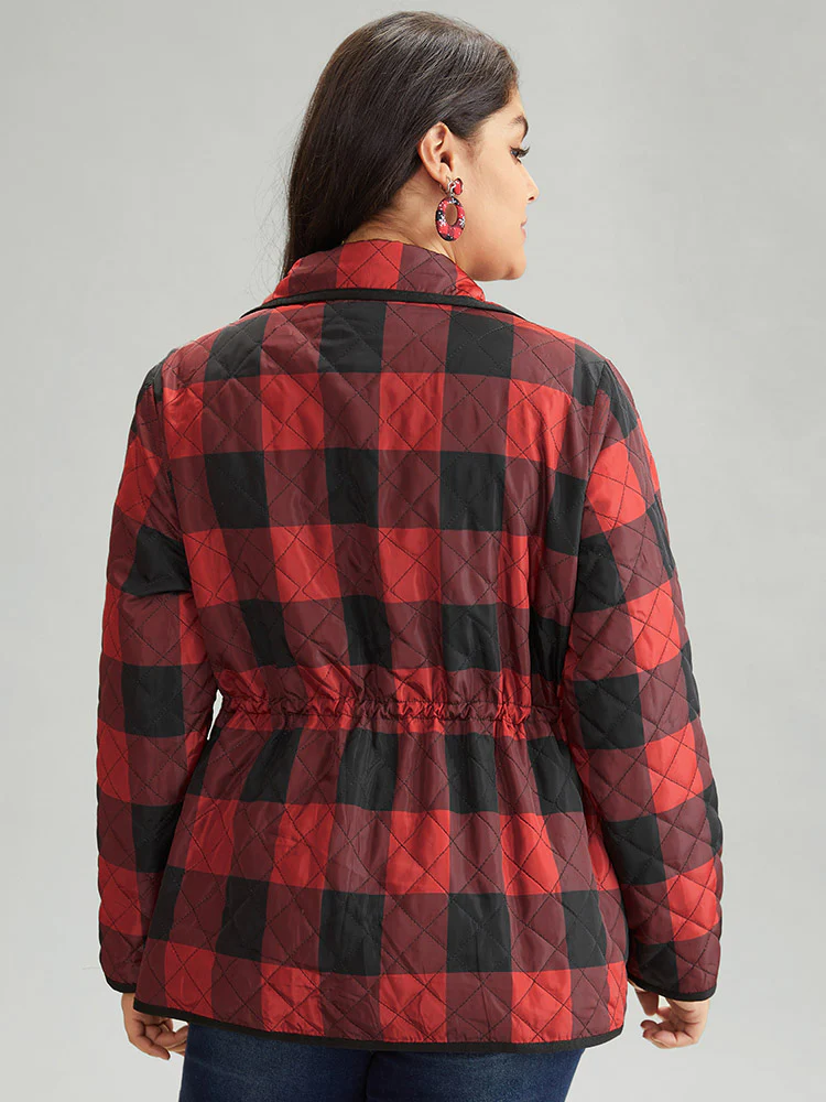Plaid Contrast Trim Drawstring Button Through Coat - Image 2