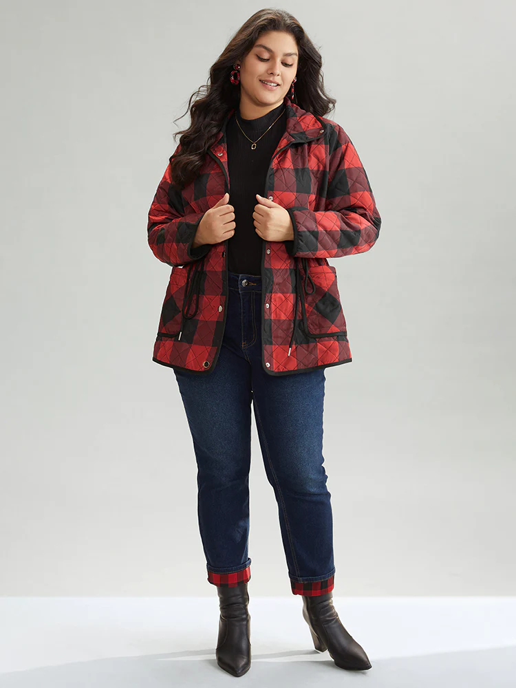 Plaid Contrast Trim Drawstring Button Through Coat - Image 3