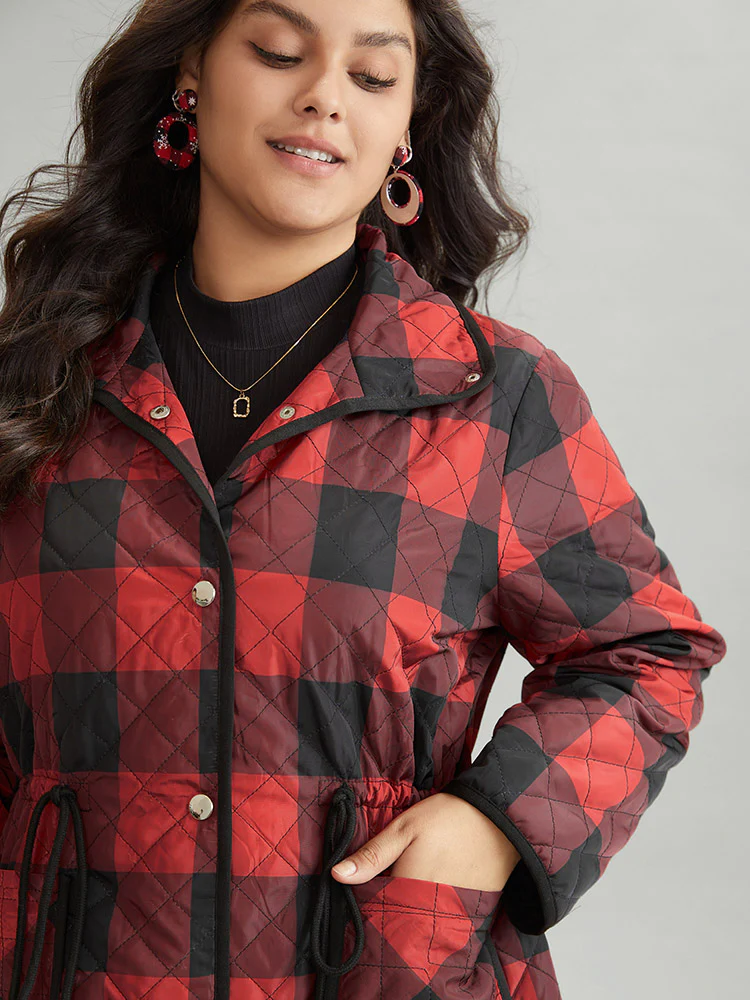 Plaid Contrast Trim Drawstring Button Through Coat - Image 4