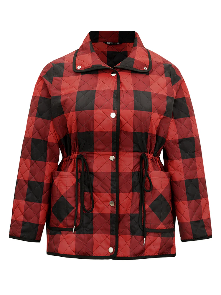 Plaid Contrast Trim Drawstring Button Through Coat - Image 5