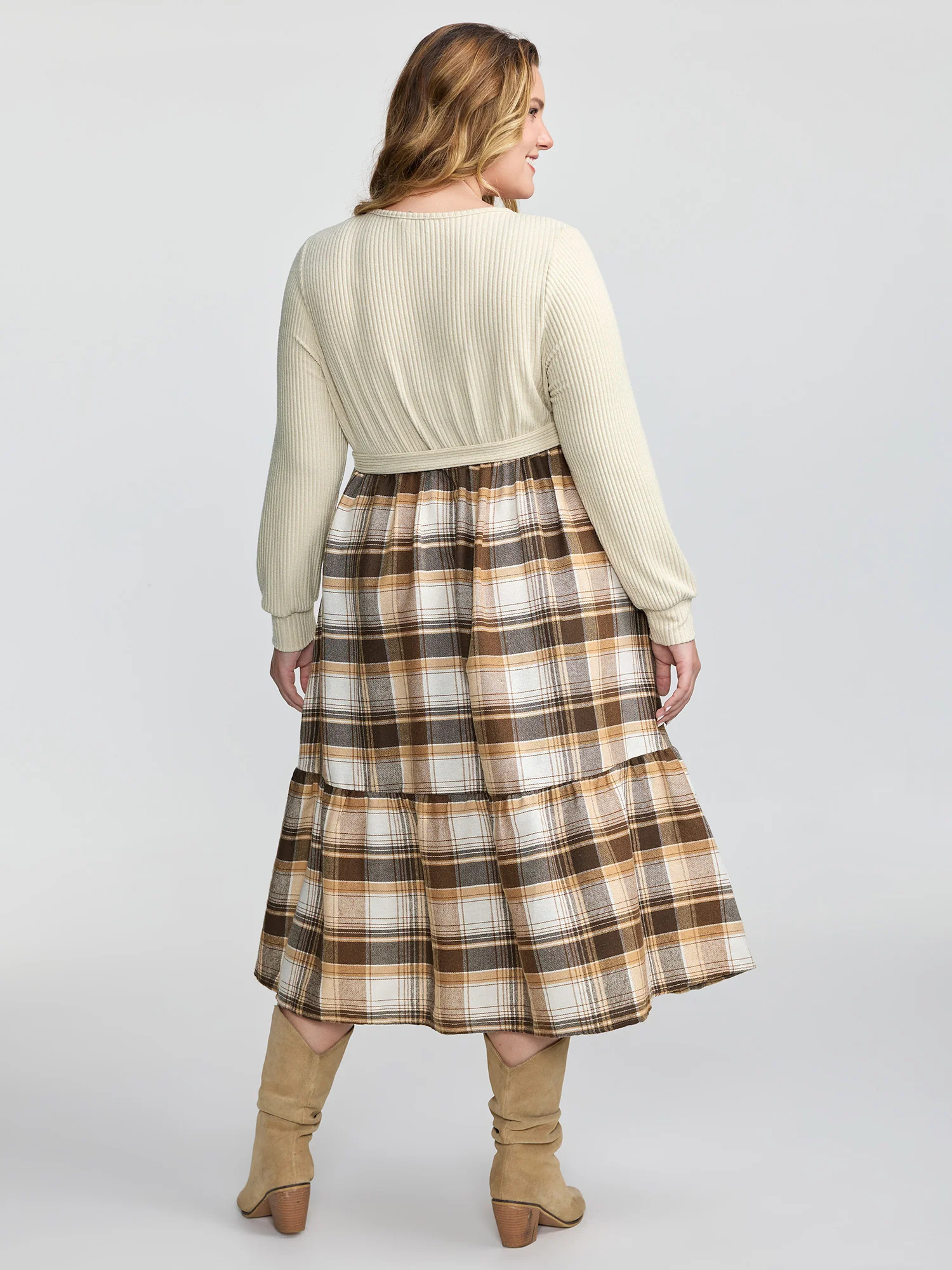 Plaid Contrast Wrap Neckline Midi Dress - Image 4