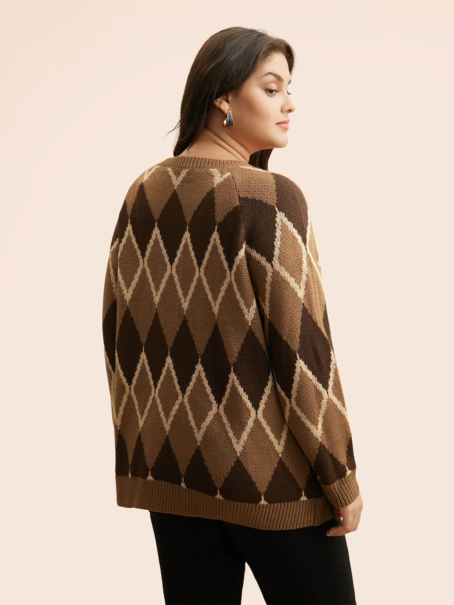 Plaid Crew Neck Raglan Sleeve Cardigan - Image 2