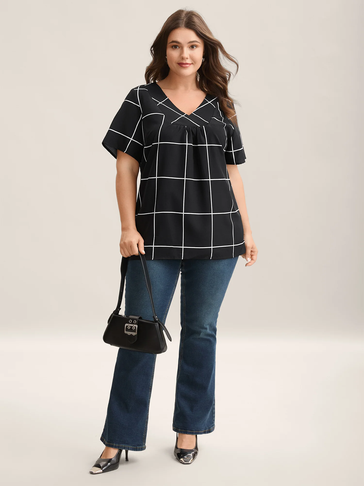 Plaid Crumpled V-Neck Fitted Shirt - Image 3