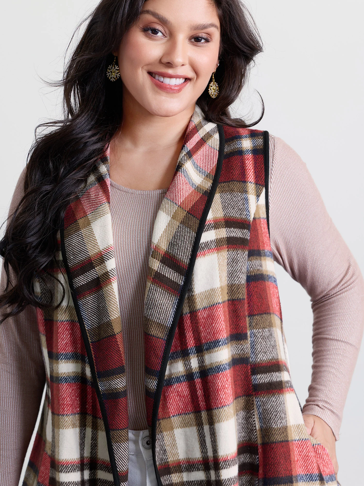 Plaid Curvy Hem Open-Front Vest - Image 2