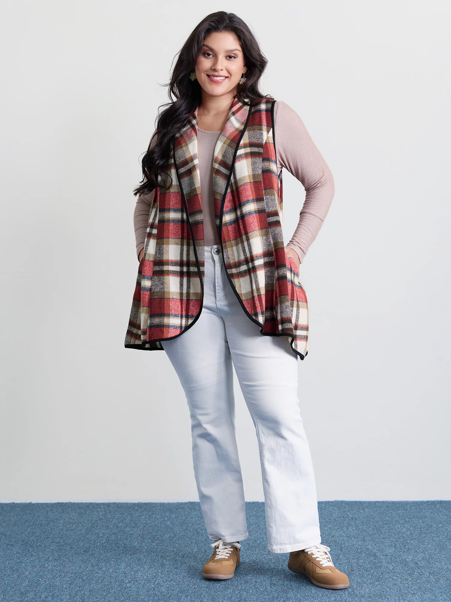 Plaid Curvy Hem Open-Front Vest - Image 4