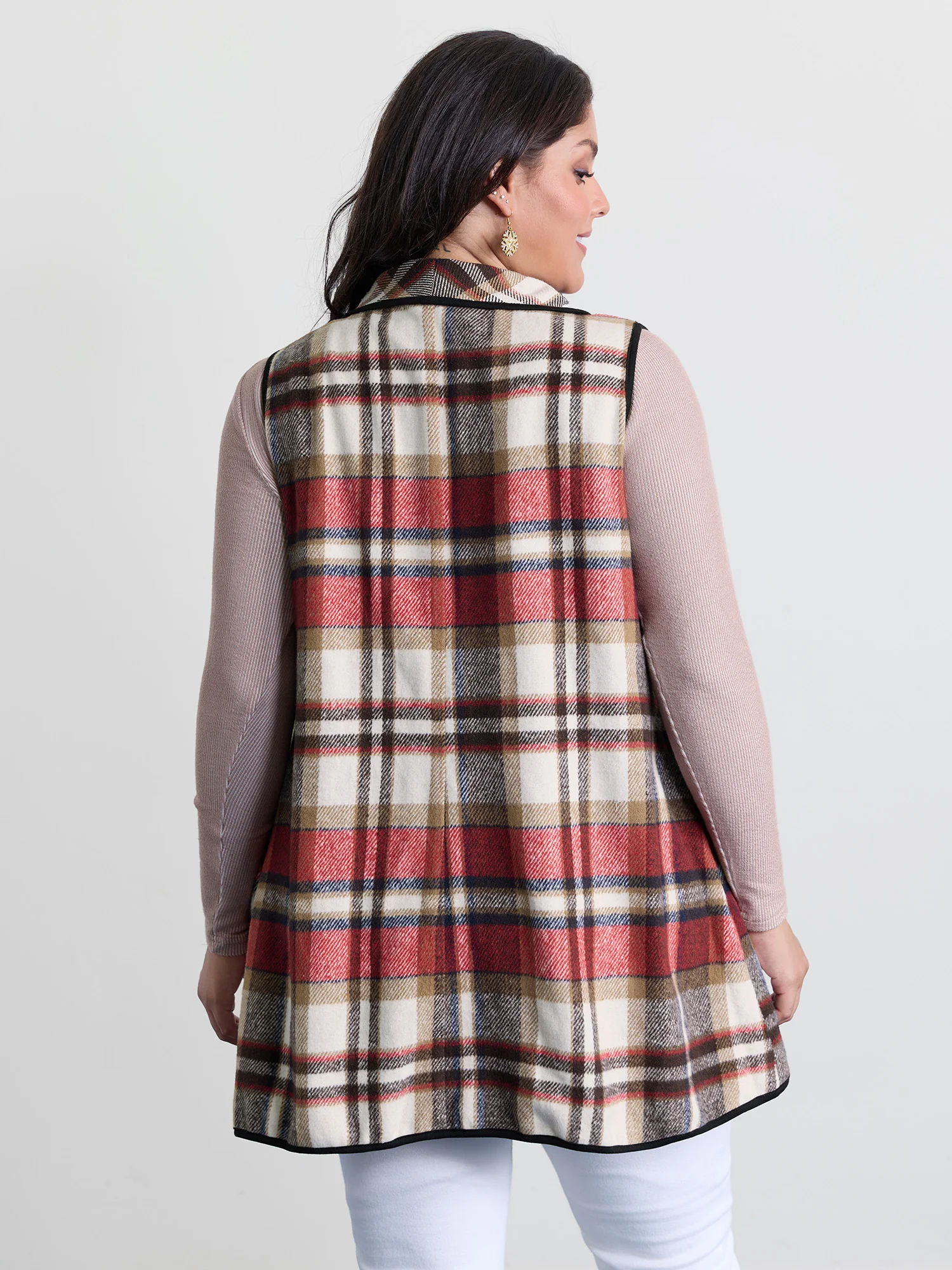 Plaid Curvy Hem Open-Front Vest - Image 5