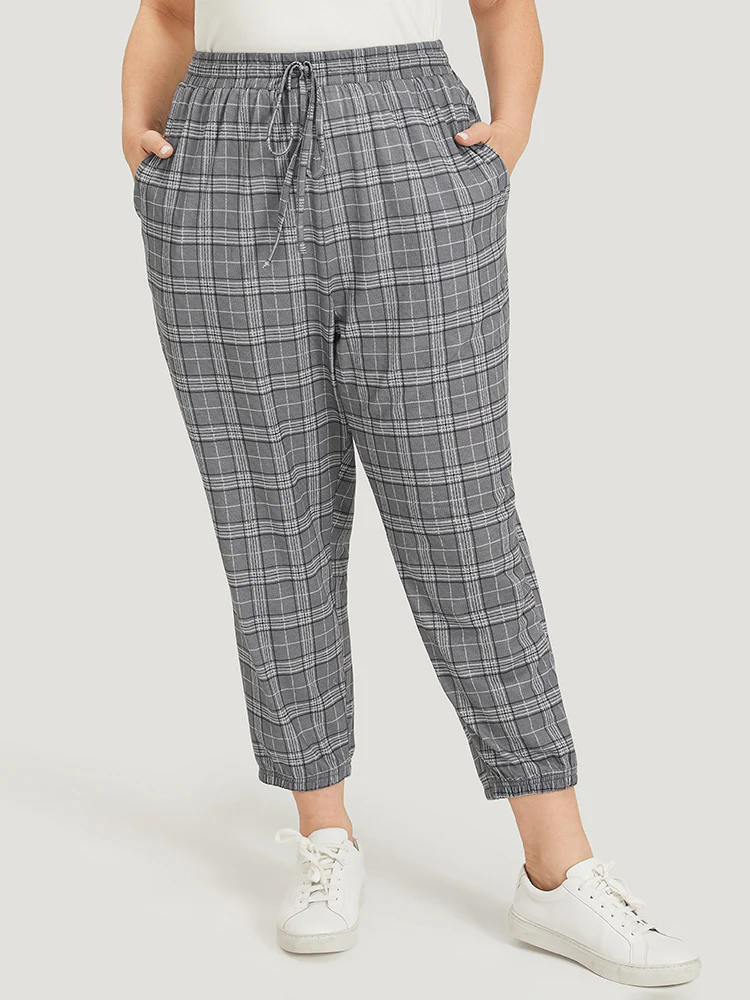 Plaid Drawstring Pocket High Rise Sweatpants - Image 3