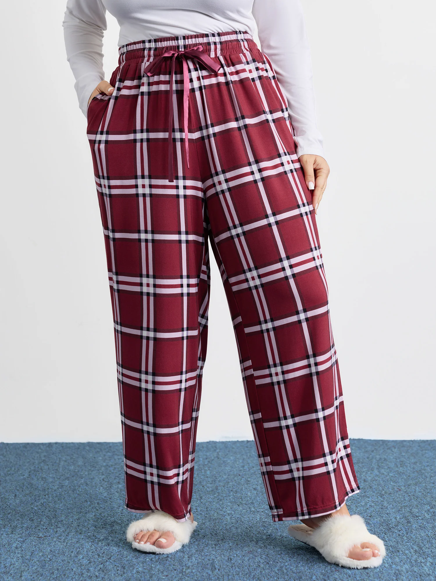 Plaid Drawstring Wide Waistband Lounge Bottoms - Image 2
