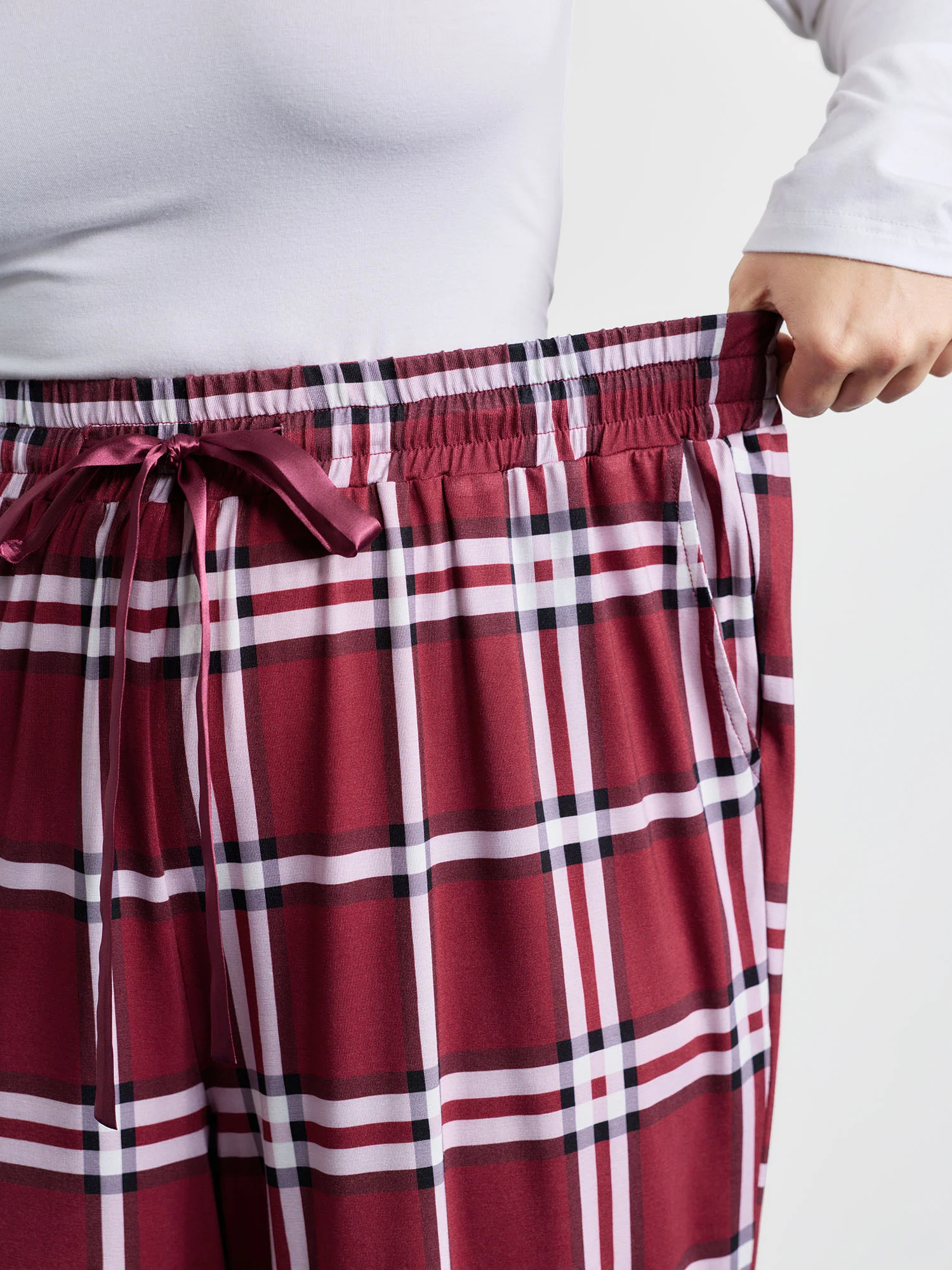 Plaid Drawstring Wide Waistband Lounge Bottoms - Image 3