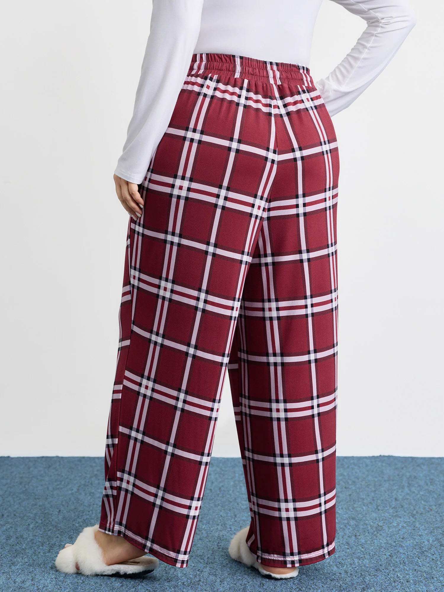 Plaid Drawstring Wide Waistband Lounge Bottoms - Image 5