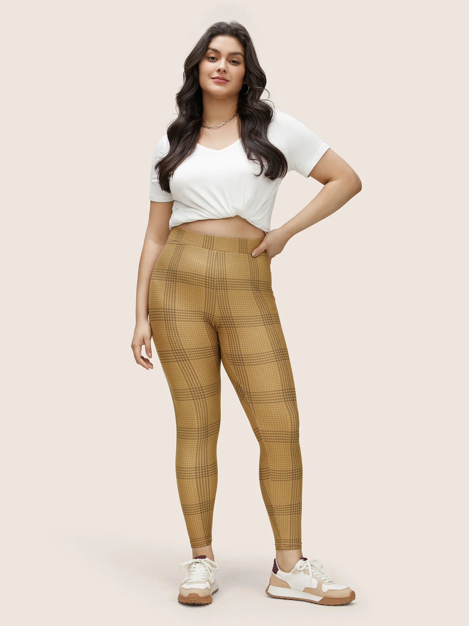 Plaid Elastic Waist High Rise Skinny Leggings - Image 3