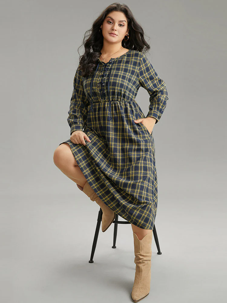 Plaid Elastic Waist Lace Up Ties Dress - Image 2