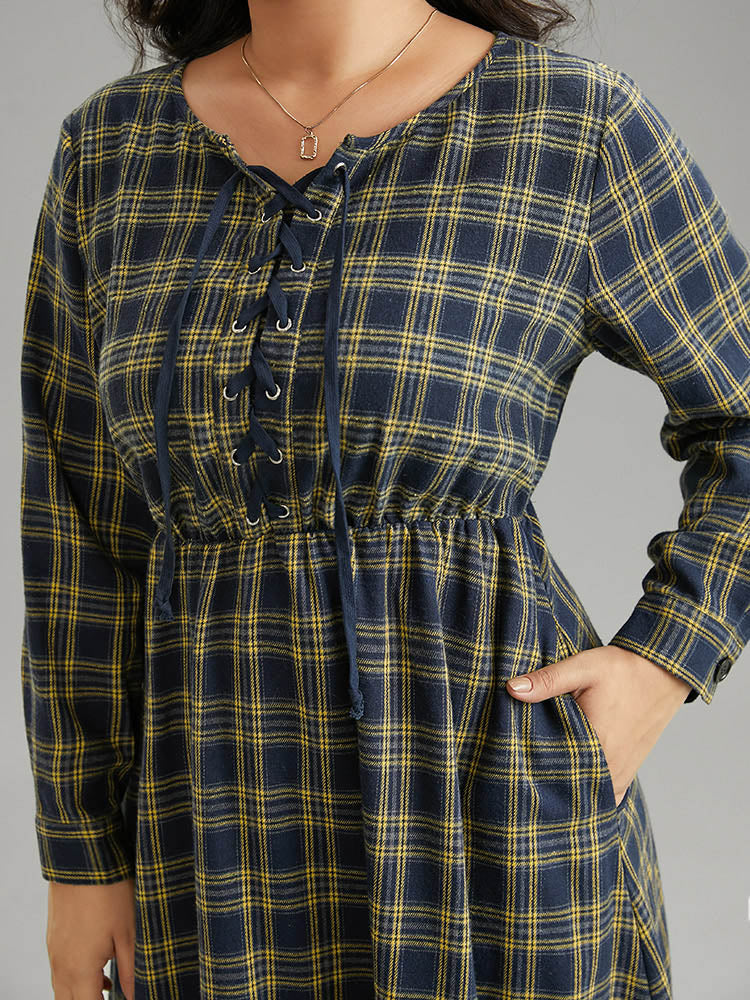 Plaid Elastic Waist Lace Up Ties Dress - Image 4