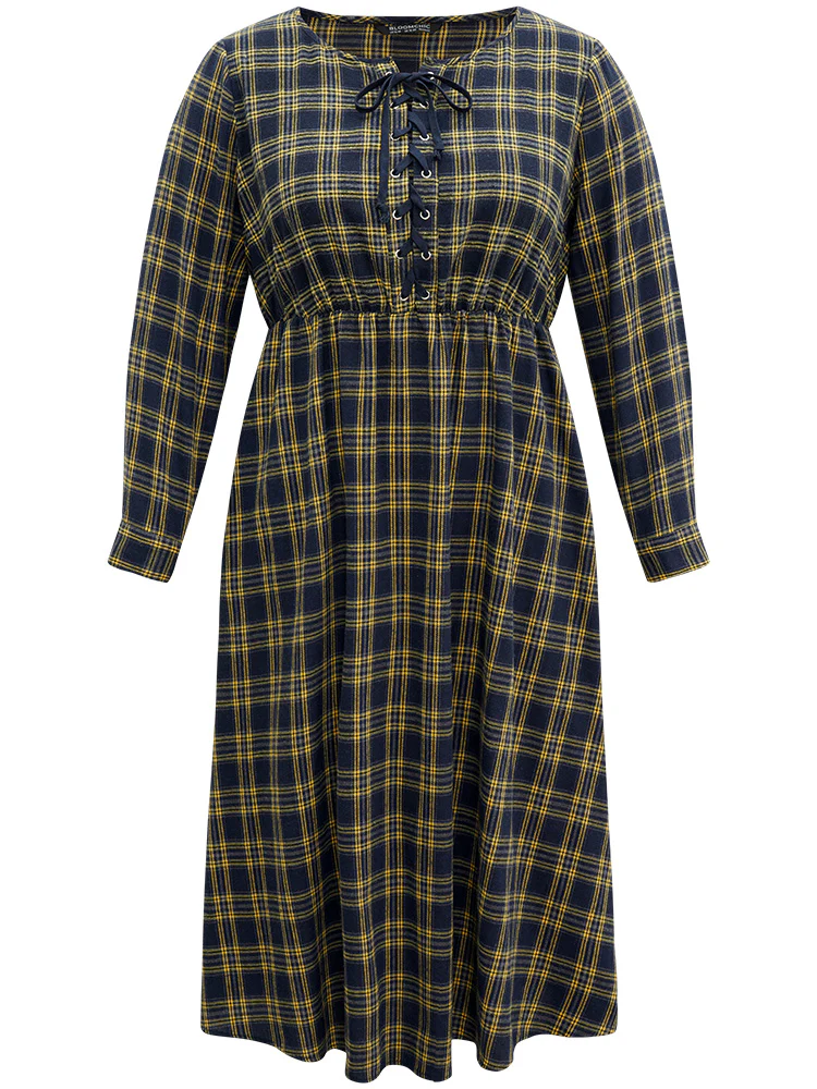 Plaid Elastic Waist Lace Up Ties Dress - Image 5