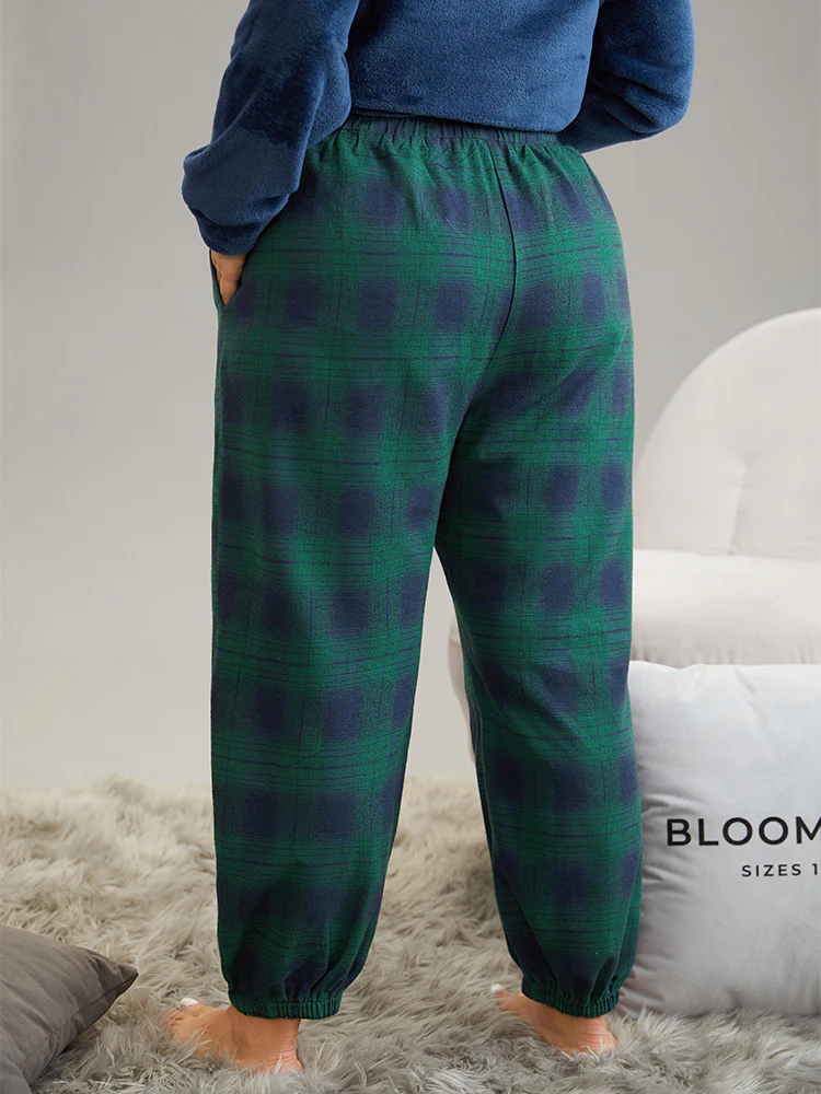 Plaid Elastic Waist Pocket Stretchy Cuff Pajama Bottoms - Image 2