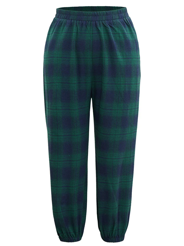 Plaid Elastic Waist Pocket Stretchy Cuff Pajama Bottoms - Image 5