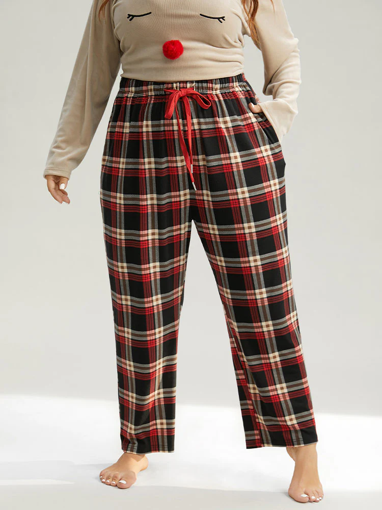 Plaid Elastic Waist Pocket Drawstring Pajama Bottoms