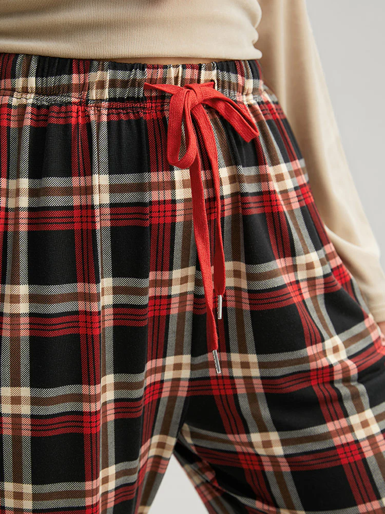 Plaid Elastic Waist Pocket Drawstring Pajama Bottoms - Image 5