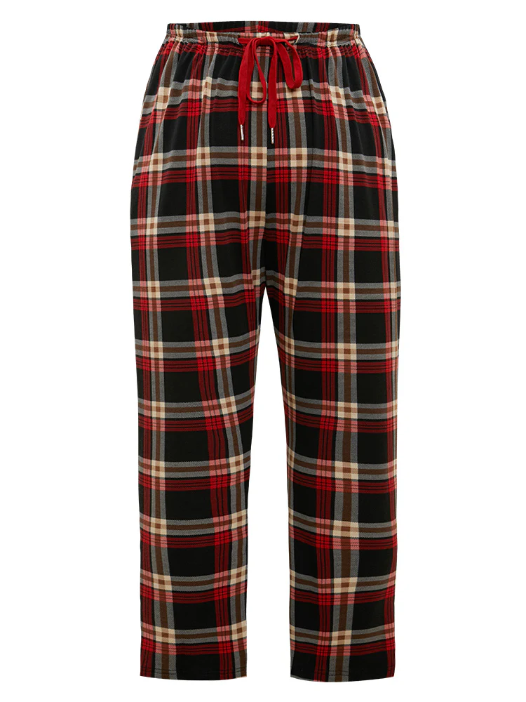 Plaid Elastic Waist Pocket Drawstring Pajama Bottoms - Image 6