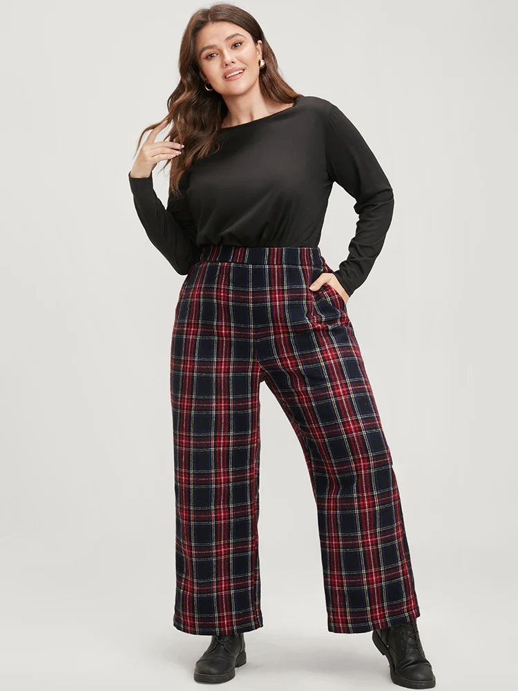 Plaid Elastic Waist Pocket High Rise Pants - Image 2