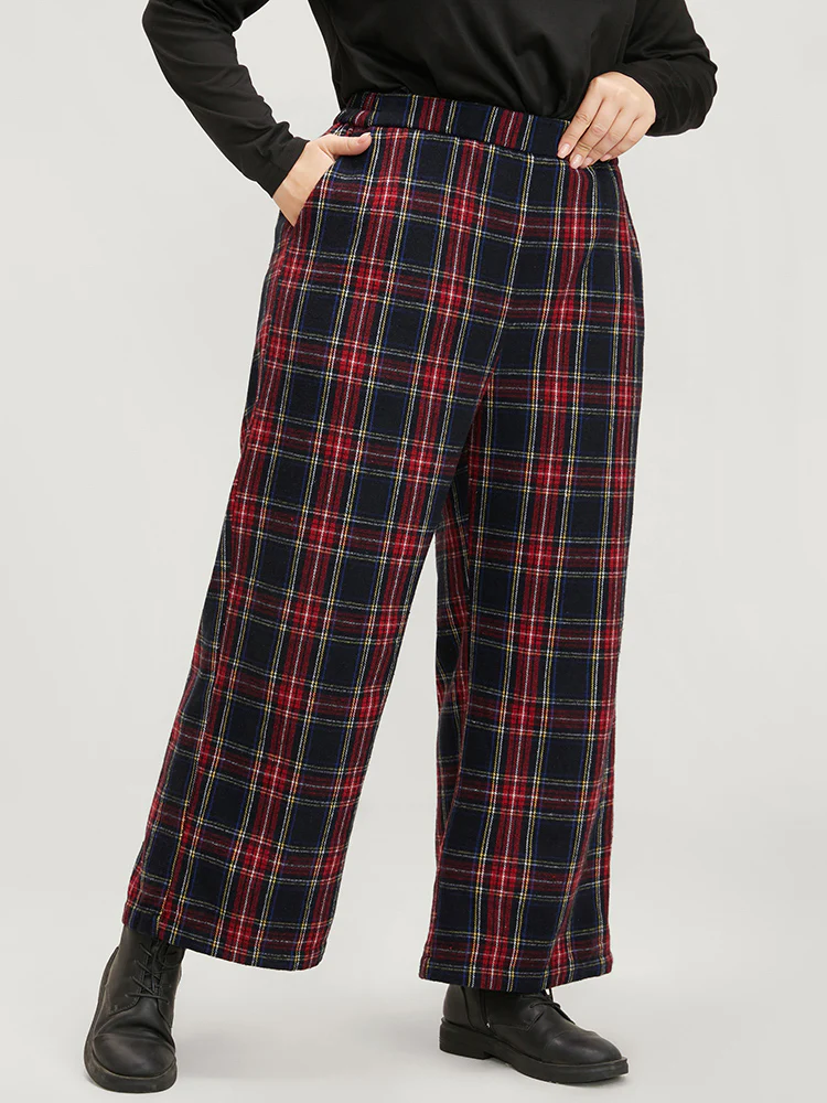 Plaid Elastic Waist Pocket High Rise Pants - Image 3