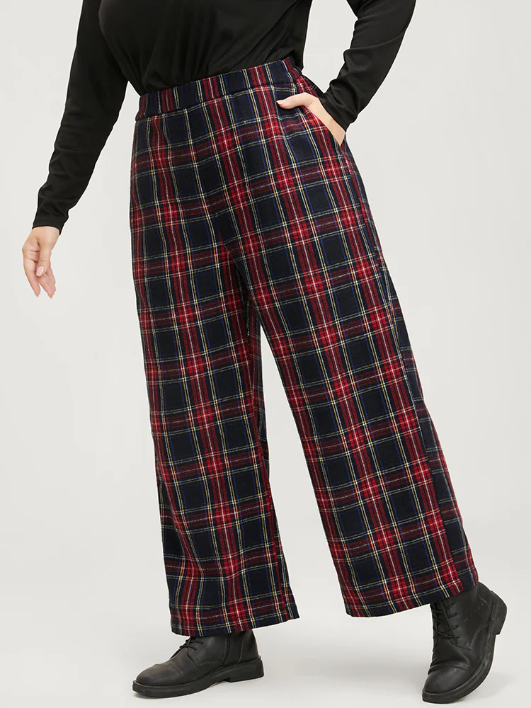 Plaid Elastic Waist Pocket High Rise Pants - Image 4