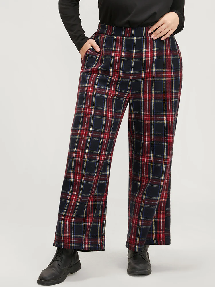 Plaid Elastic Waist Pocket High Rise Pants - Image 5