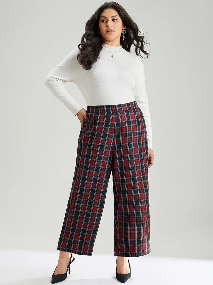Plaid Elastic Waist Pocket Straight Leg Pants - Image 2