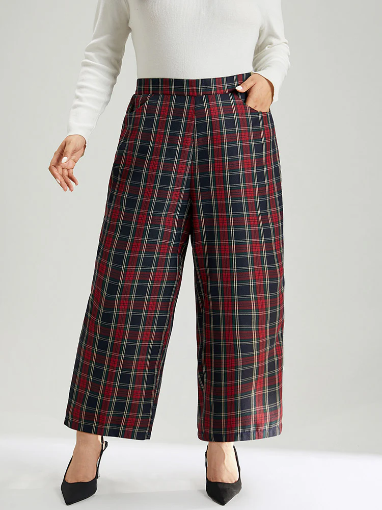 Plaid Elastic Waist Pocket Straight Leg Pants - Image 3