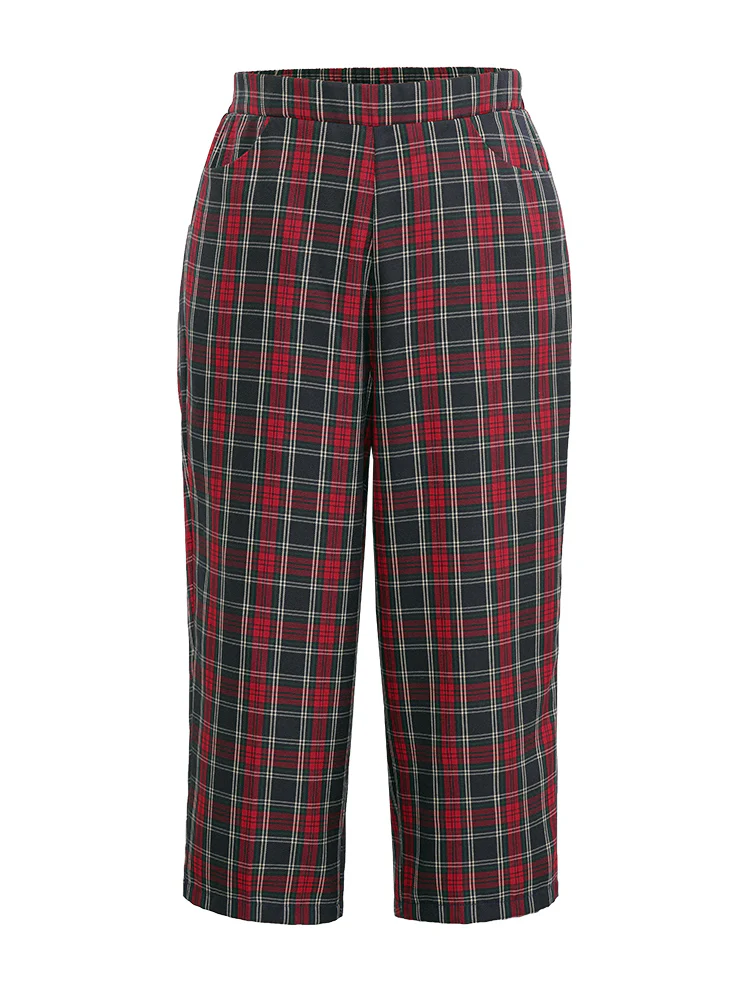 Plaid Elastic Waist Pocket Straight Leg Pants - Image 8