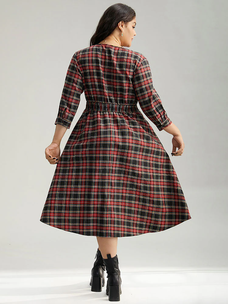 Plaid Elastic Waist Shirred Pocket Dress - Image 2