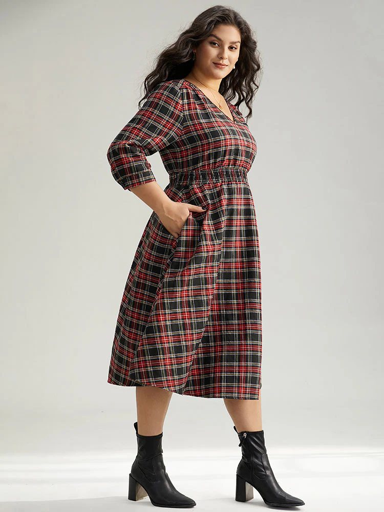 Plaid Elastic Waist Shirred Pocket Dress - Image 3