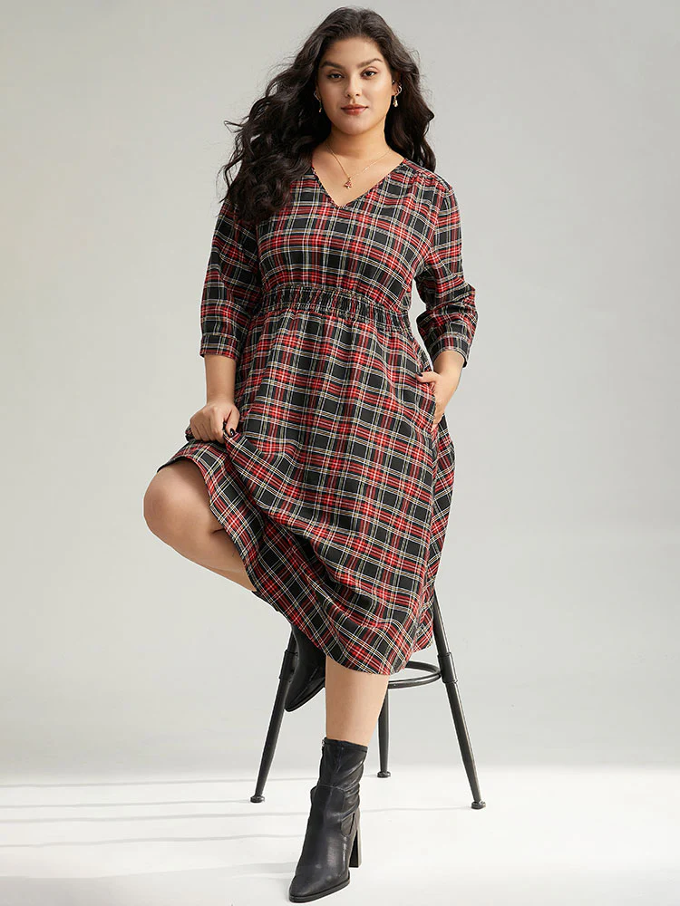 Plaid Elastic Waist Shirred Pocket Dress - Image 4