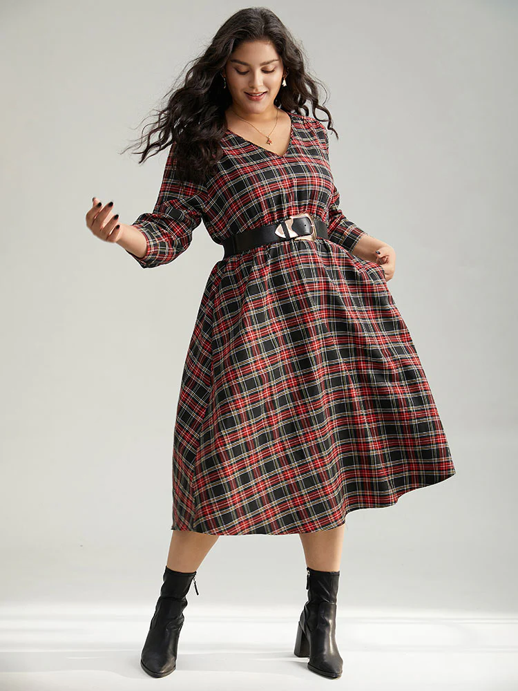 Plaid Elastic Waist Shirred Pocket Dress - Image 5