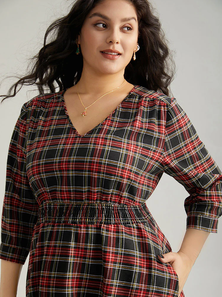 Plaid Elastic Waist Shirred Pocket Dress - Image 6
