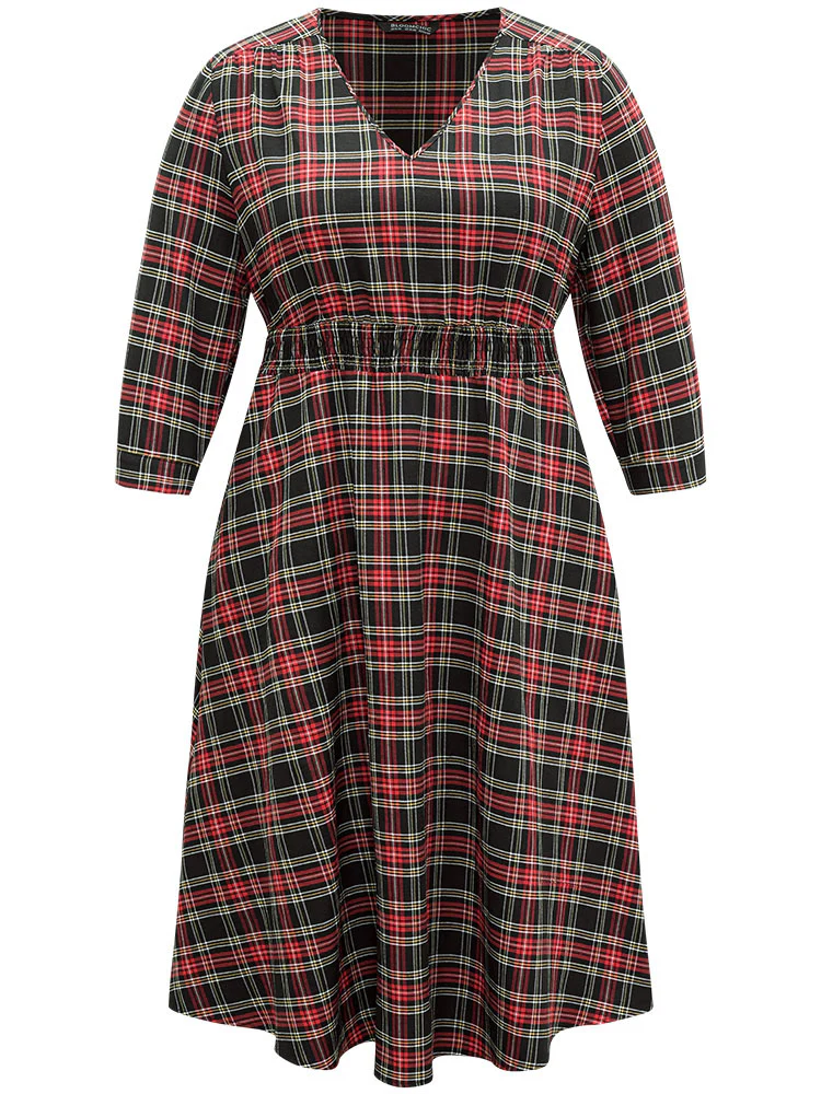 Plaid Elastic Waist Shirred Pocket Dress - Image 7