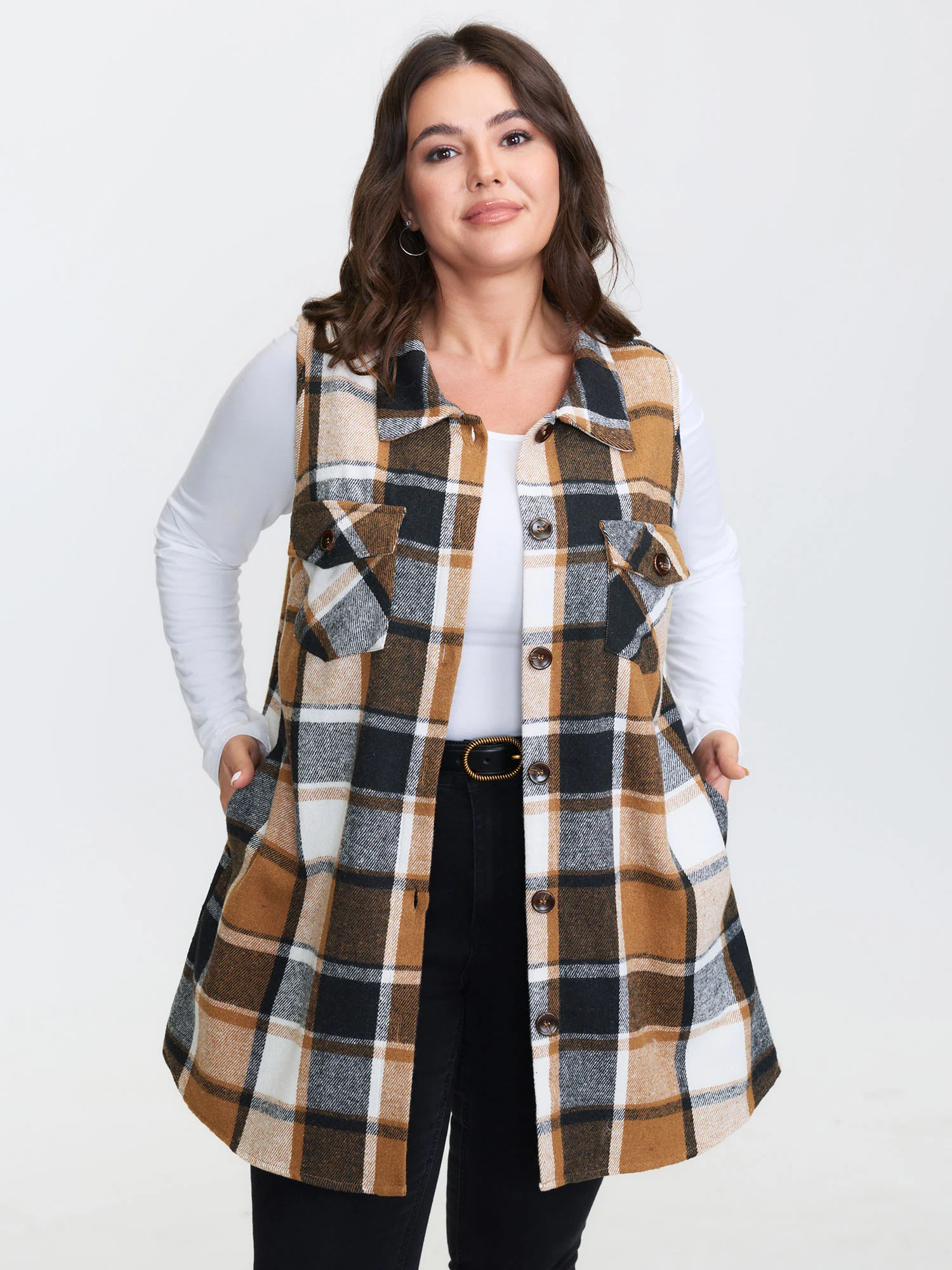 Plaid Flap Detail Sleeveless Jacket
