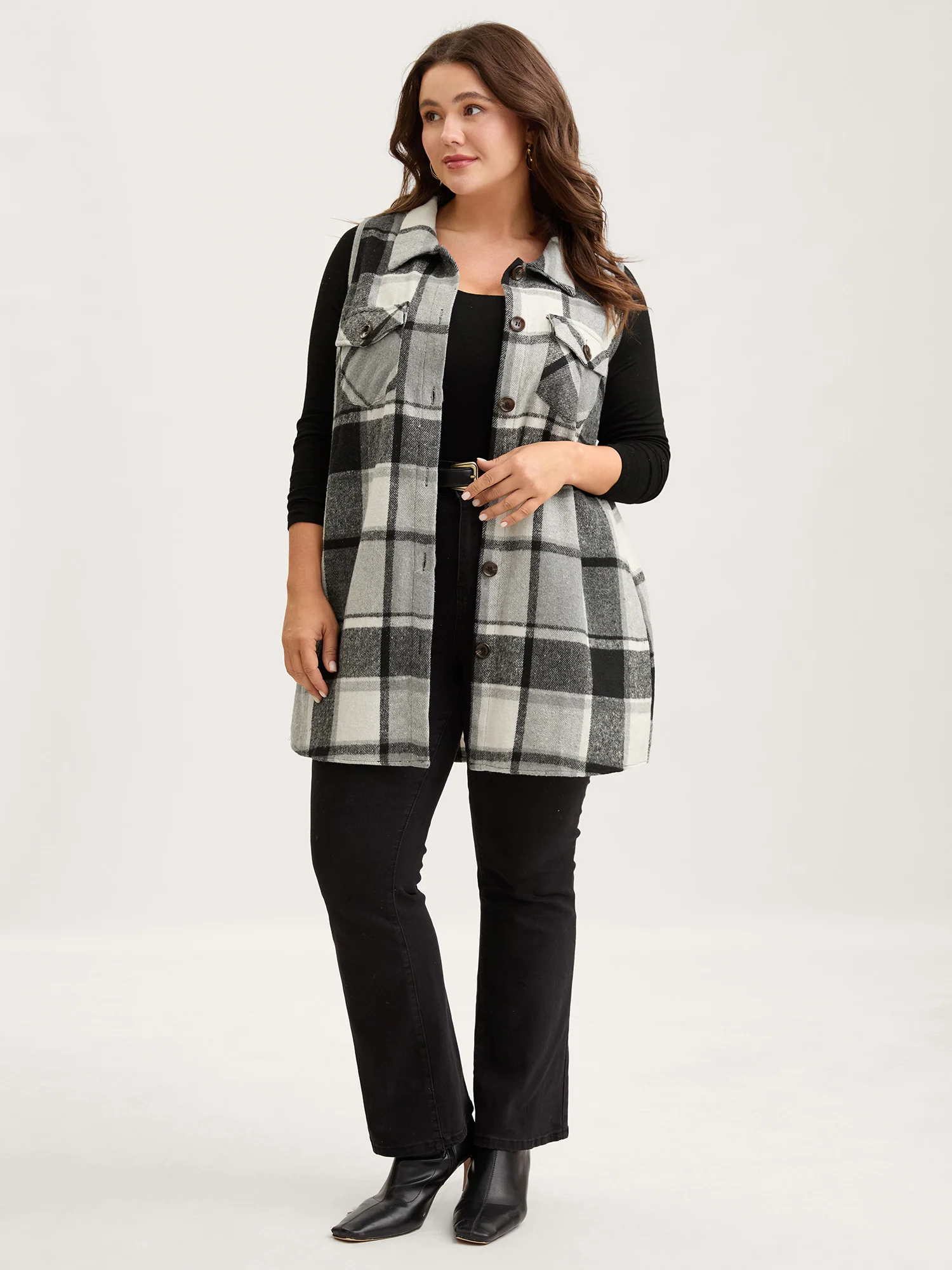 Plaid Flap Detail Sleeveless Jacket - Image 11