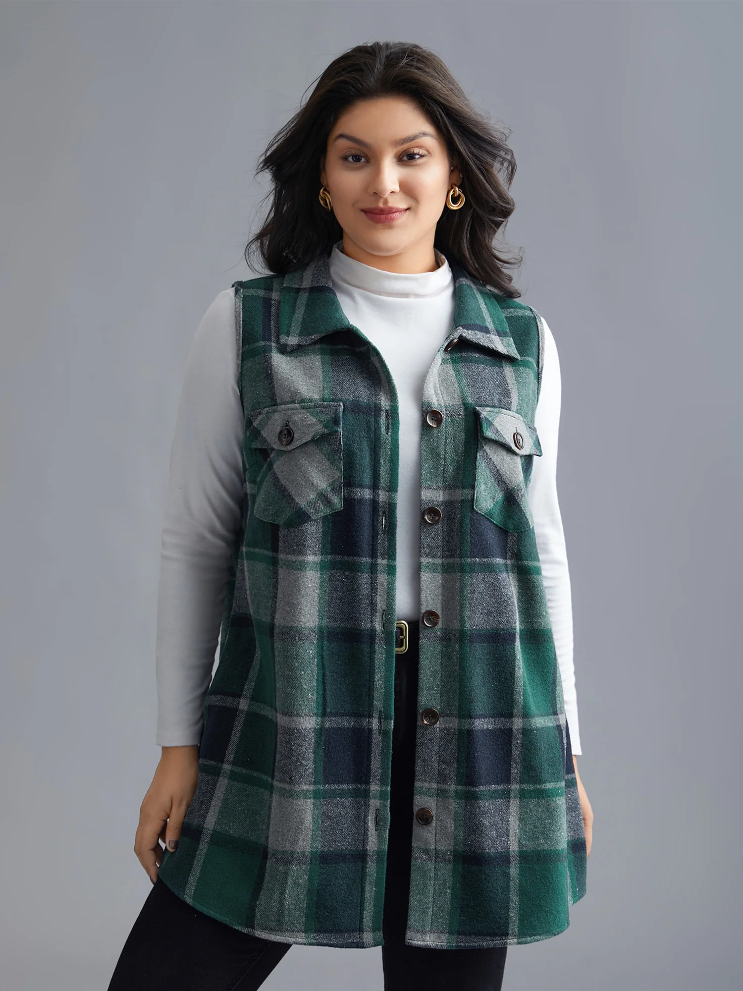 Plaid Flap Detail Sleeveless Jacket - Image 13