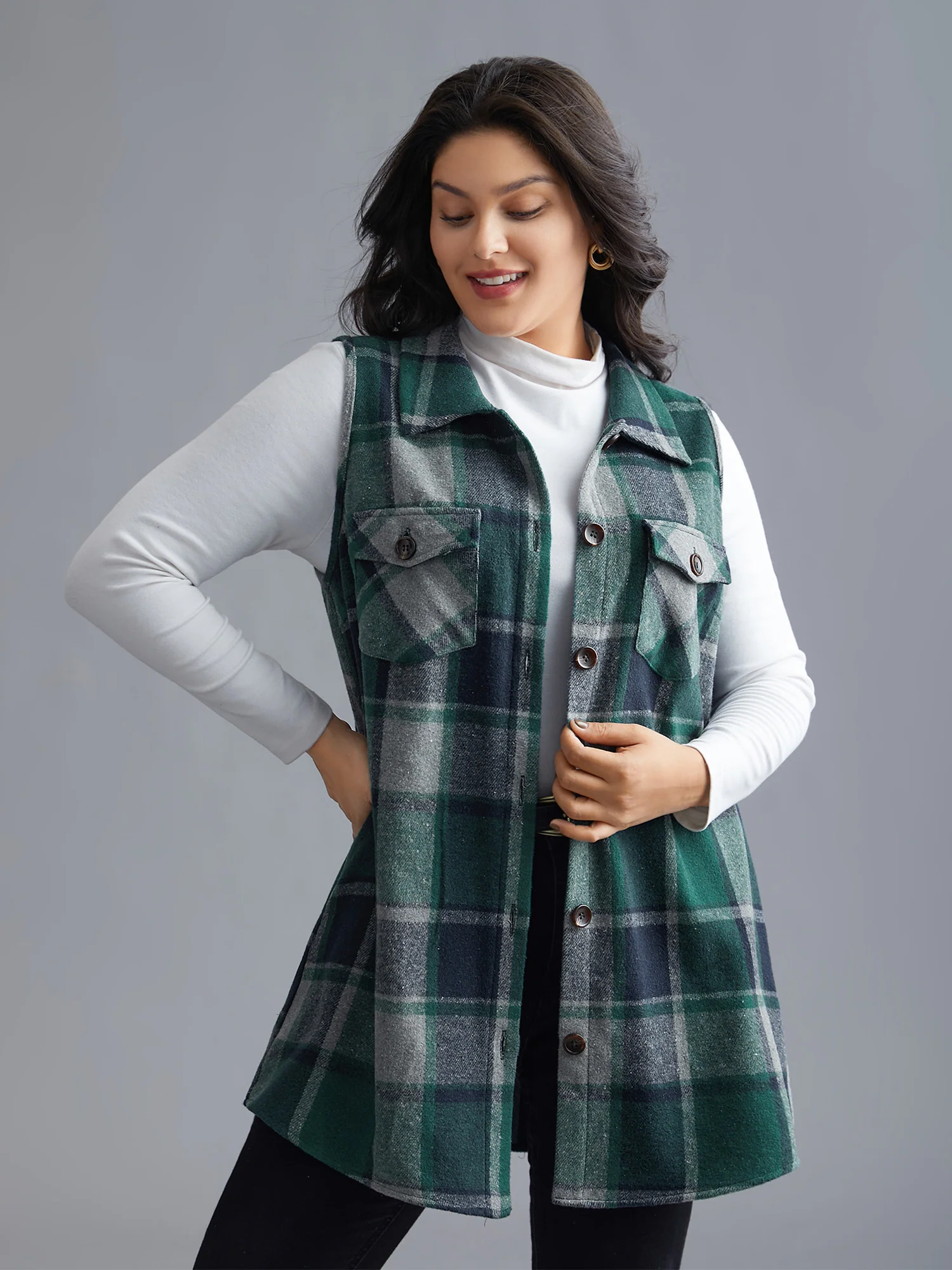 Plaid Flap Detail Sleeveless Jacket - Image 14