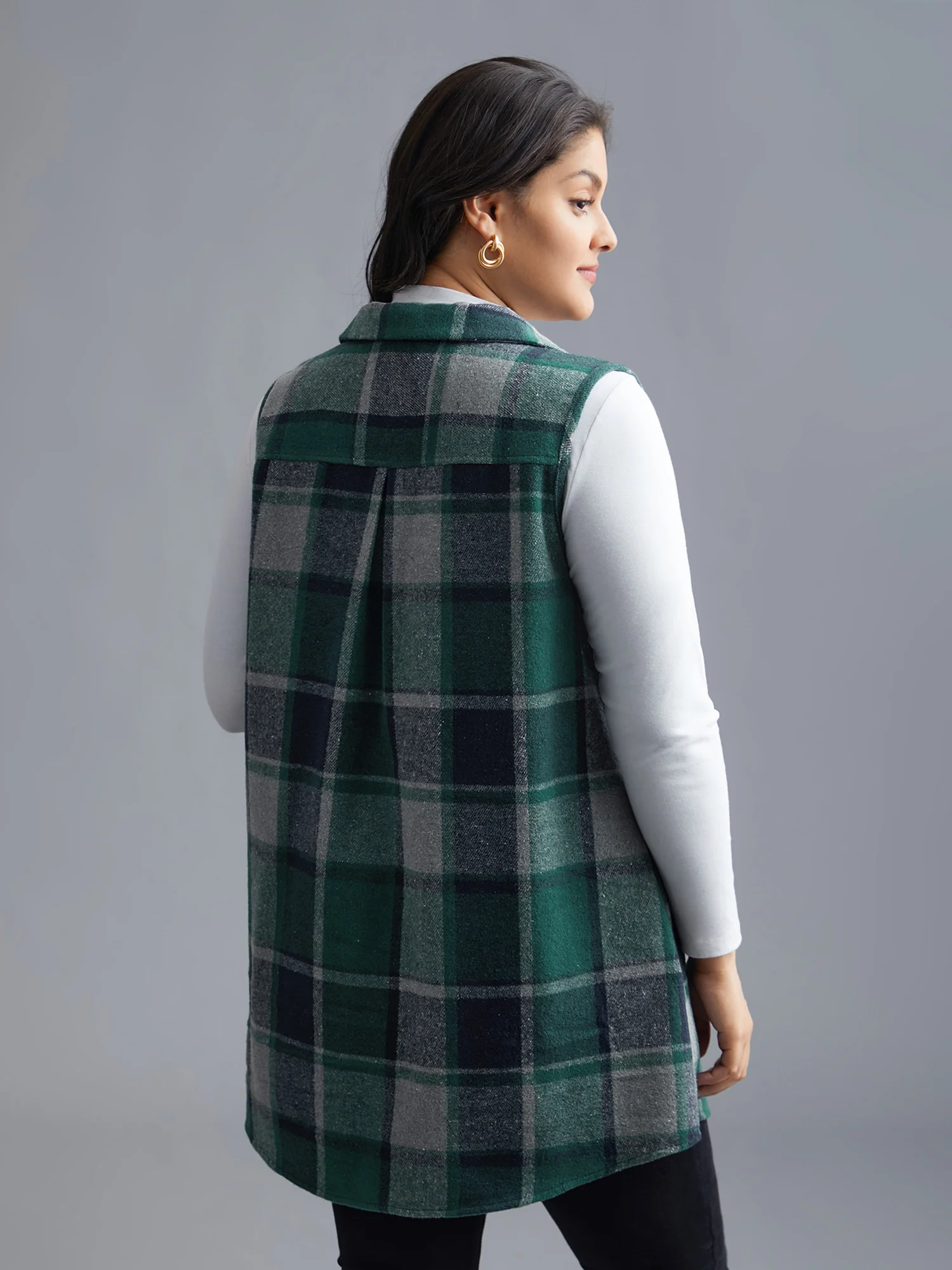 Plaid Flap Detail Sleeveless Jacket - Image 15