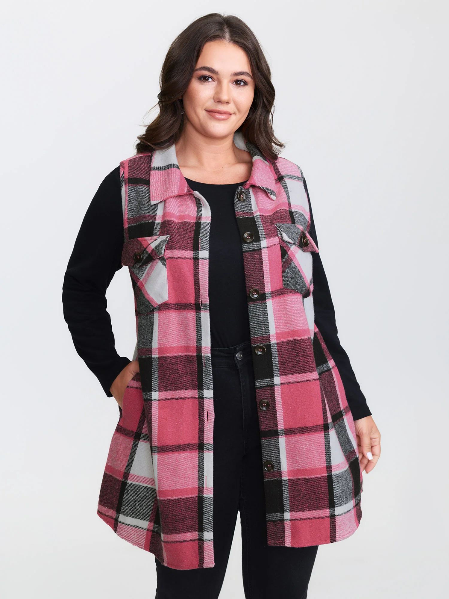 Plaid Flap Detail Sleeveless Jacket - Image 16